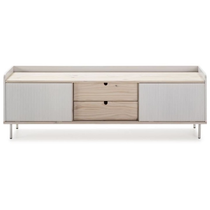 Meuble TV HORIZON portes coulissantes 2 tiroirs- métal Blanc et chene