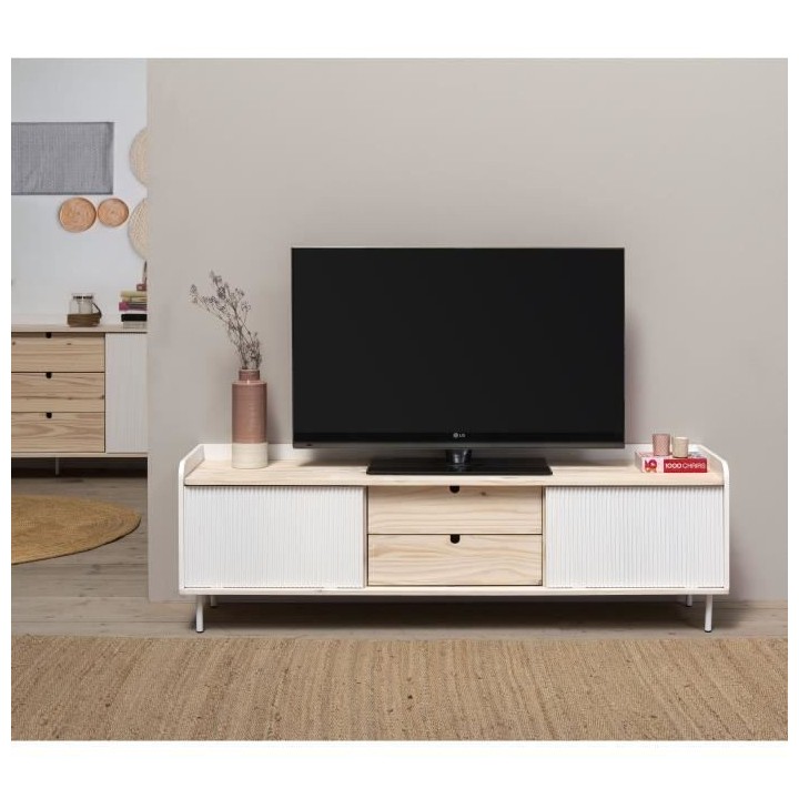 Meuble TV HORIZON portes coulissantes 2 tiroirs- métal Blanc et chene