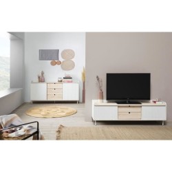 Meuble TV HORIZON portes coulissantes 2 tiroirs- métal Blanc et chene blanchi - scandinave moderne - L160XP40XH52cm