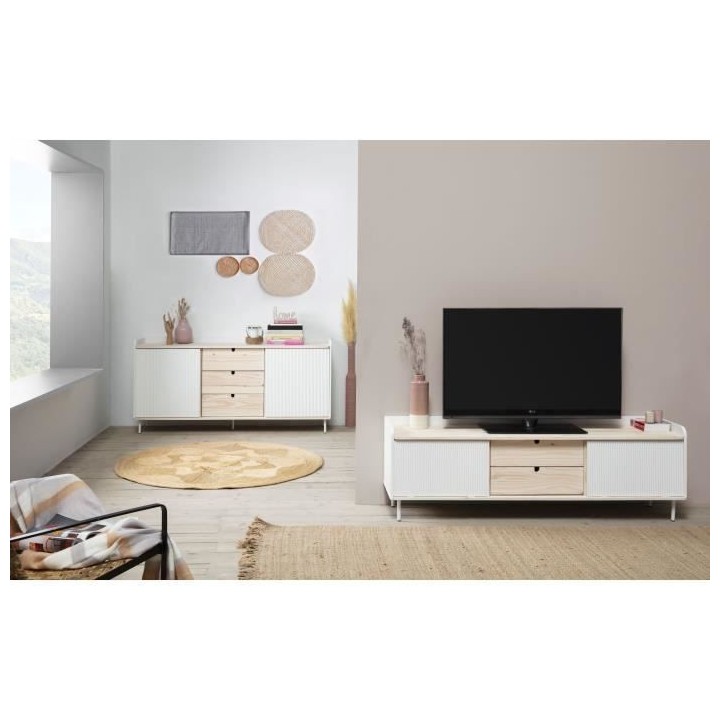 Meuble TV HORIZON portes coulissantes 2 tiroirs- métal Blanc et chene