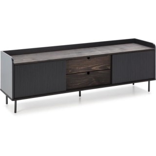 Meuble TV HORIZON portes coulissantes 2 tiroirs- Noyer et métal Noir-