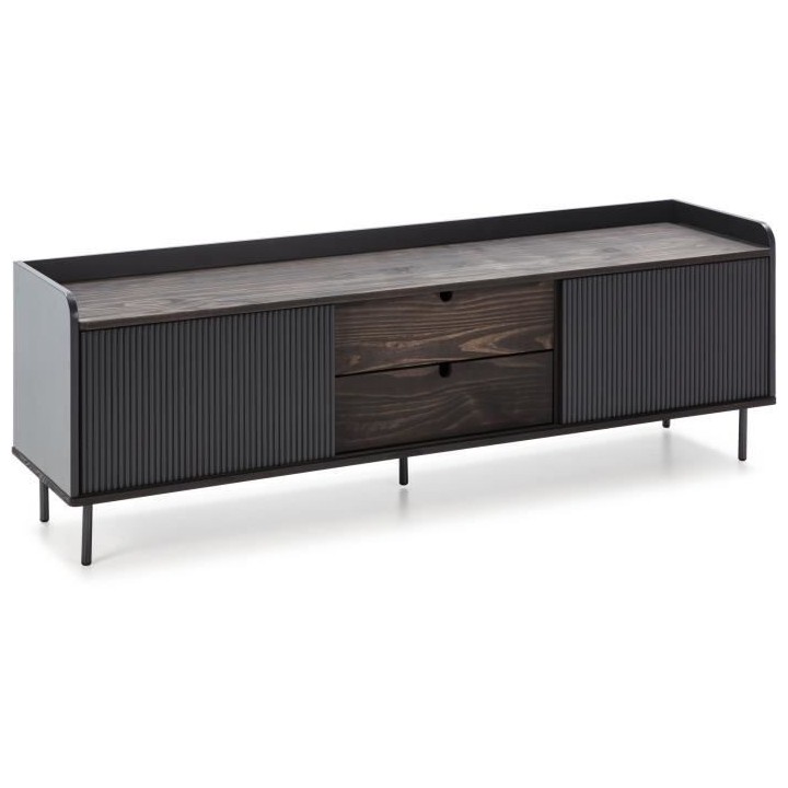 Meuble TV HORIZON portes coulissantes 2 tiroirs- Noyer et métal Noir-