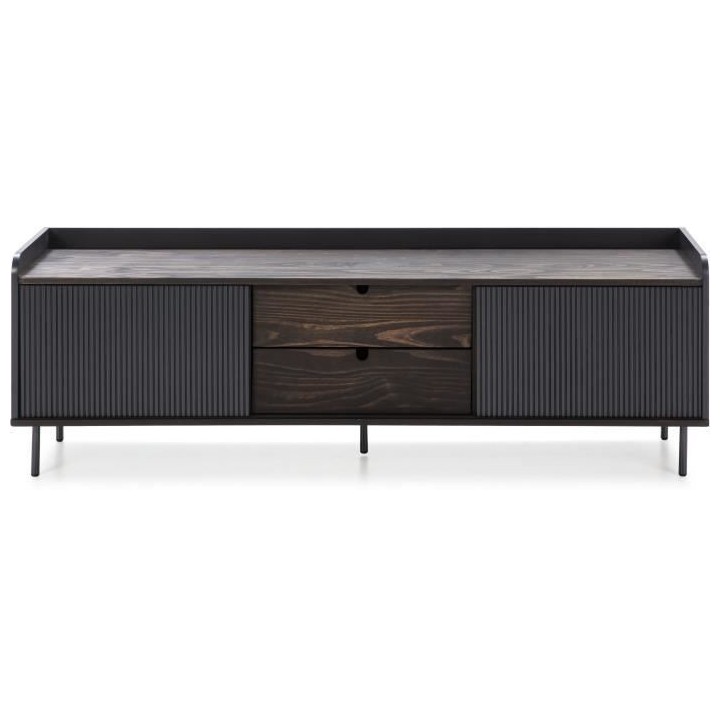 Meuble TV HORIZON portes coulissantes 2 tiroirs- Noyer et métal Noir-