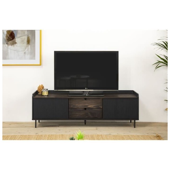 Meuble TV HORIZON portes coulissantes 2 tiroirs- Noyer et métal Noir-