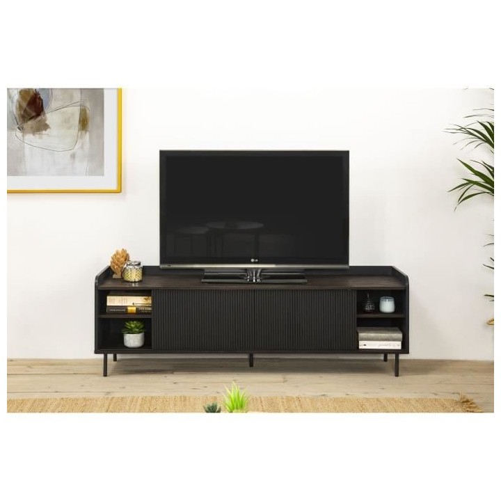 Meuble TV HORIZON portes coulissantes 2 tiroirs- Noyer et métal Noir-