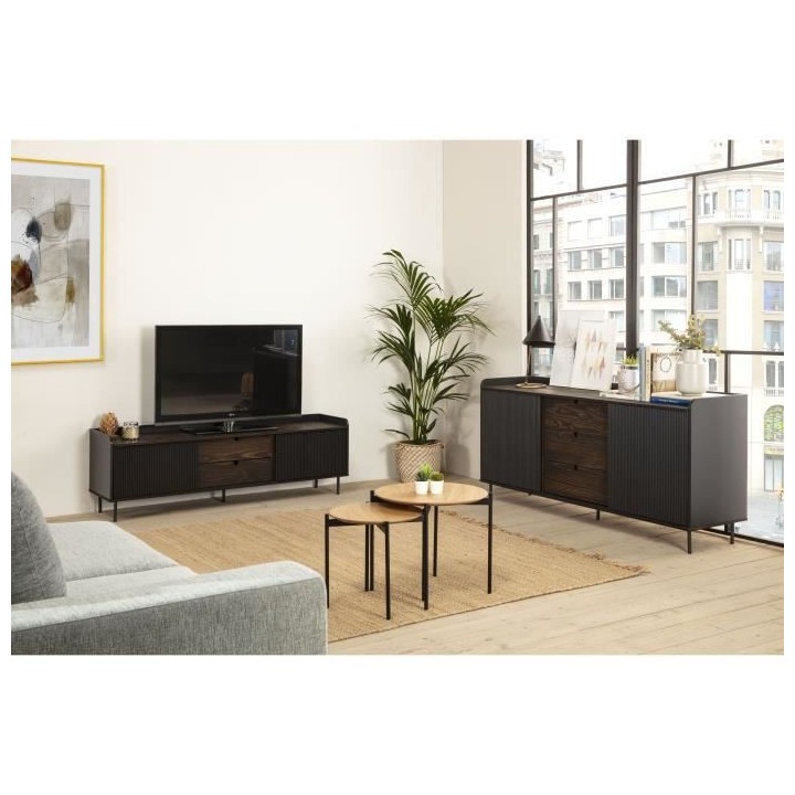 Meuble TV HORIZON portes coulissantes 2 tiroirs- Noyer et métal Noir-