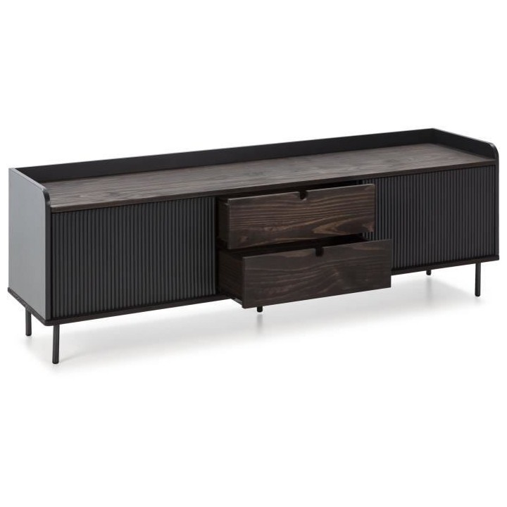 Meuble TV HORIZON portes coulissantes 2 tiroirs- Noyer et métal Noir-