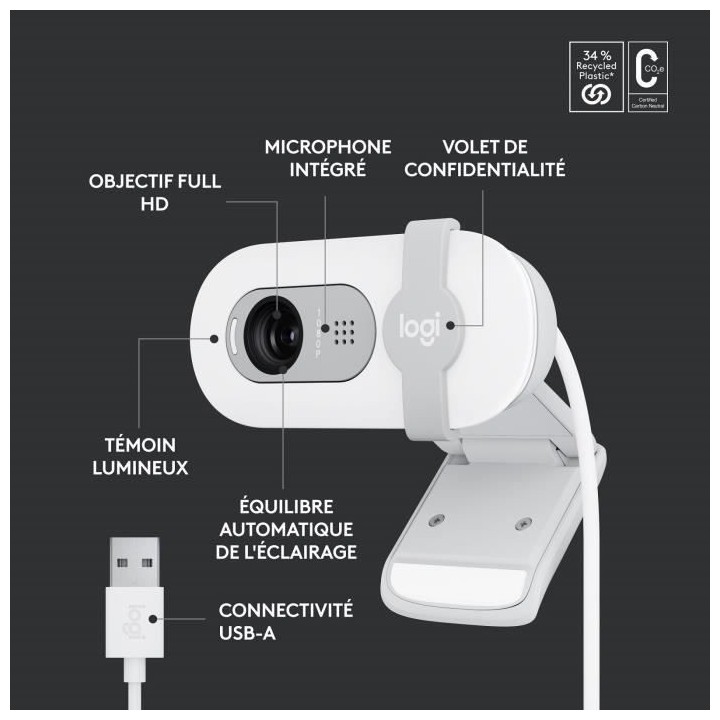 Webcam - Full HD 1080p - Logitech - Brio 100 - Microphone intégré -