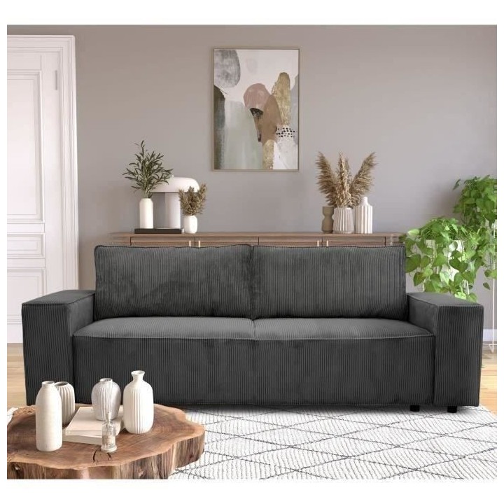 Canapé convertible 3 places JOSH - Velours côtelé Anthracite - Coff