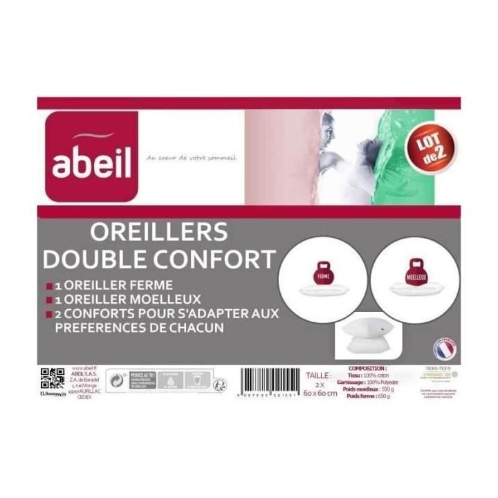 ABEIL Lot de 2 Oreillers DOUBLE CONFORT 100% Coton 60x60cm