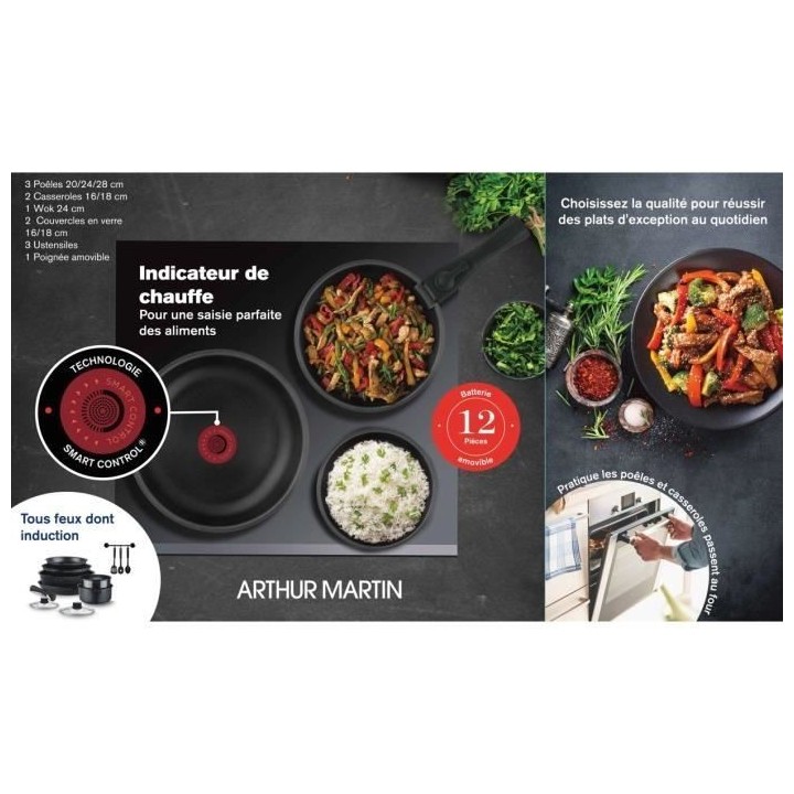 Arthur Martin AM268B Batterie de cuisine 12 pieces - poignée amovible