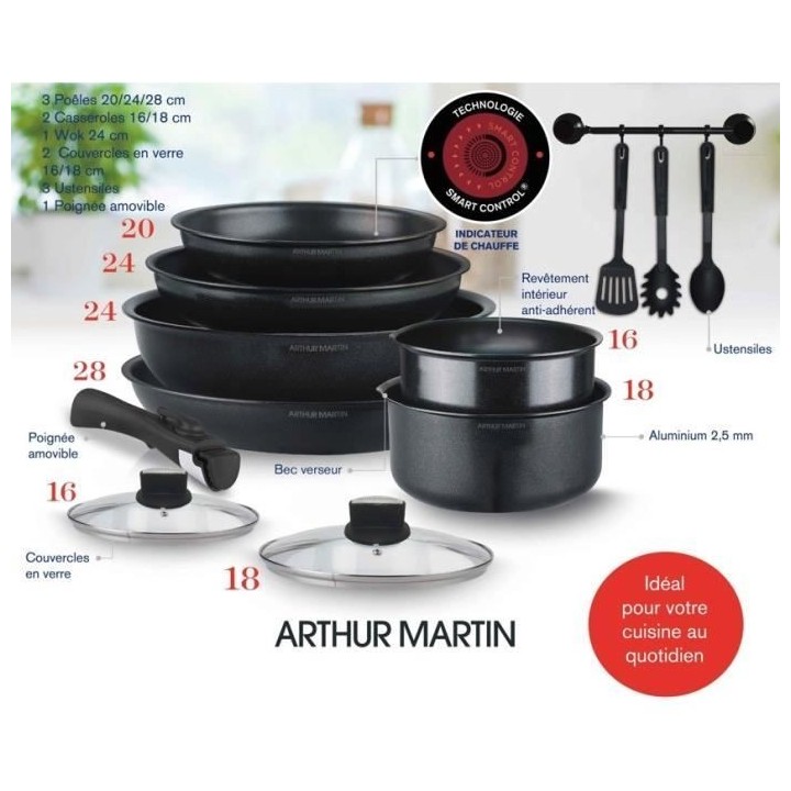 Arthur Martin AM268B Batterie de cuisine 12 pieces - poignée amovible