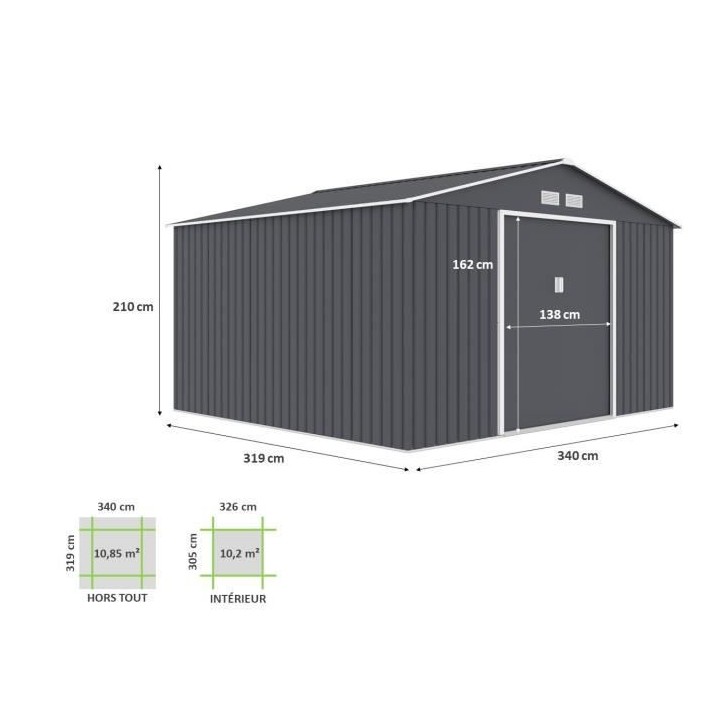 Abri de jardin en métal 10,85 m² - 340 x 319 x 210 cm - Kit d'ancrag