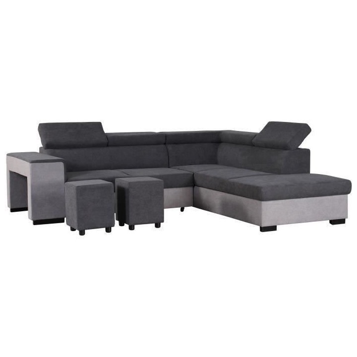 Canapé d'angle droit convertible + coffre 5 places - Tissu gris - L 2
