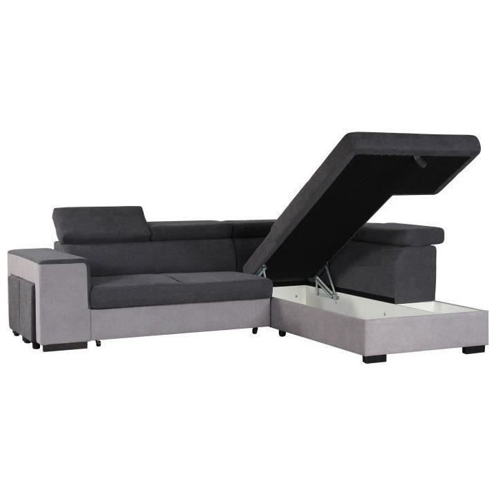 Canapé d'angle droit convertible + coffre 5 places - Tissu gris - L 2