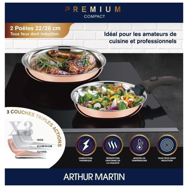 Set de 2 poeles 22-26 cm + 1 poignée - ARTHUR MARTIN - AM438GT - 3 co