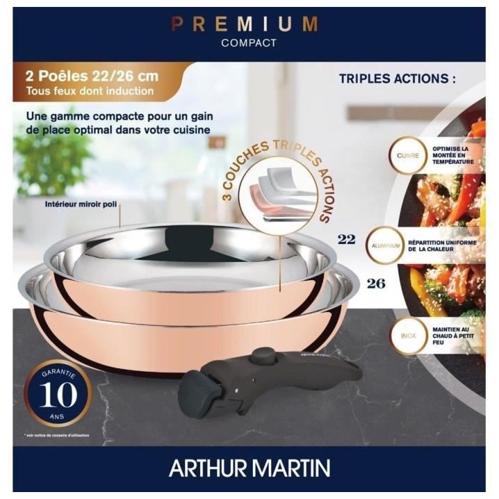 Set de 2 poeles 22-26 cm + 1 poignée - ARTHUR MARTIN - AM438GT - 3 co