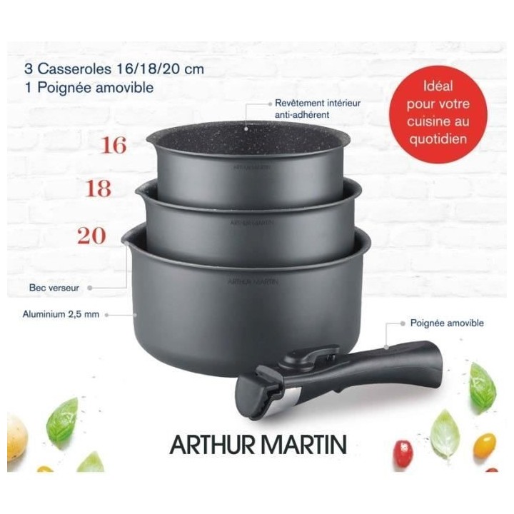 Batterie de cuisine ARTHUR MARTIN AM777GM Set de 3 casseroles - Gris M