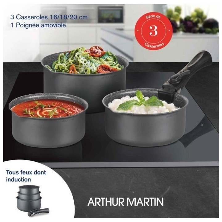 Batterie de cuisine ARTHUR MARTIN AM777GM Set de 3 casseroles - Gris M
