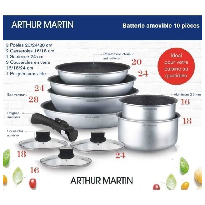 Batterie de cuisine Arthur Martin AM167S 10 pieces - Aluminium - Poign