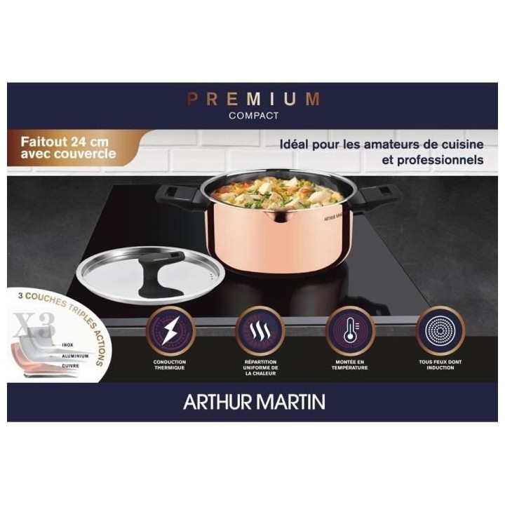 Faitout 24 cm - ARTHUR MARTIN - AM945GT - 3 couches triple action : cu