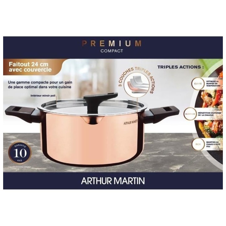 Faitout 24 cm - ARTHUR MARTIN - AM945GT - 3 couches triple action : cu
