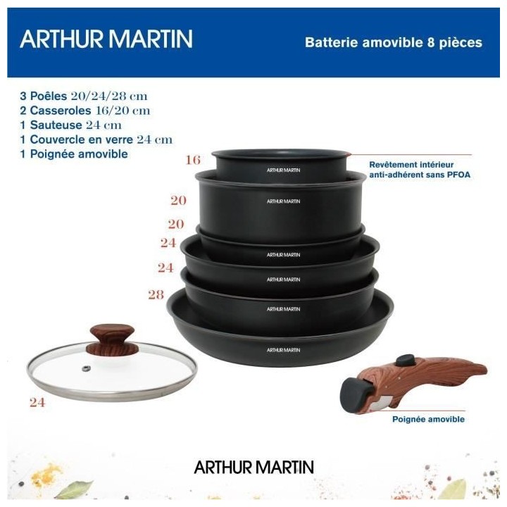 Batterie de cuisine 8 pieces ARTHUR MARTIN - Aluminium - Poignée Bois