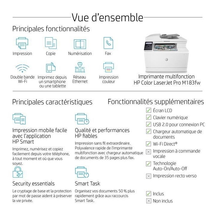 Imprimante multifonction HP Color LaserJet Pro M183fw laser couleur Co