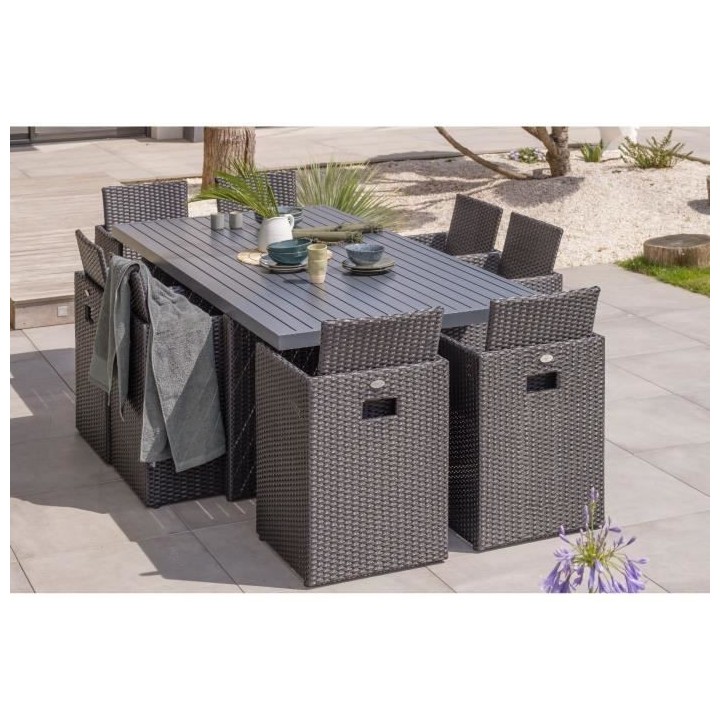 Ensemble repas de jardin encastrable - Noir - Résine tressée et plat