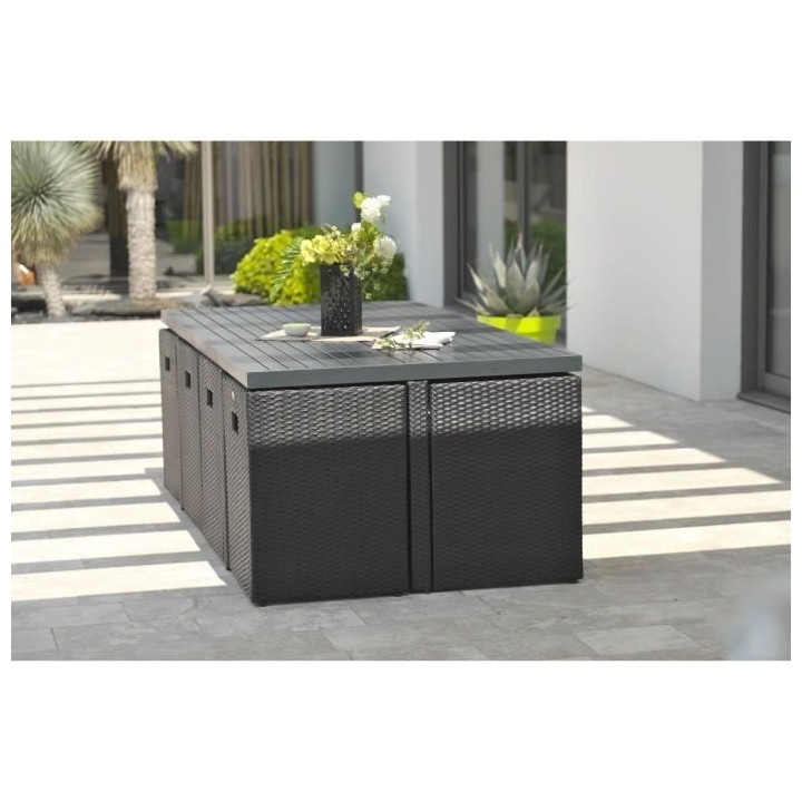 Ensemble repas de jardin encastrable - Noir - Résine tressée et plat