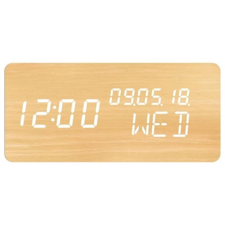 Réveil 4 en 1 : Affichage Heure Date Jour Température - EVOOM - WOOD