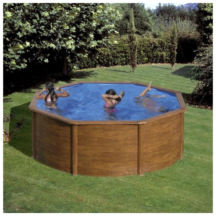 Piscine ronde acier Ø3,70m x H: 1,22m - Imitation bois - Filtration a
