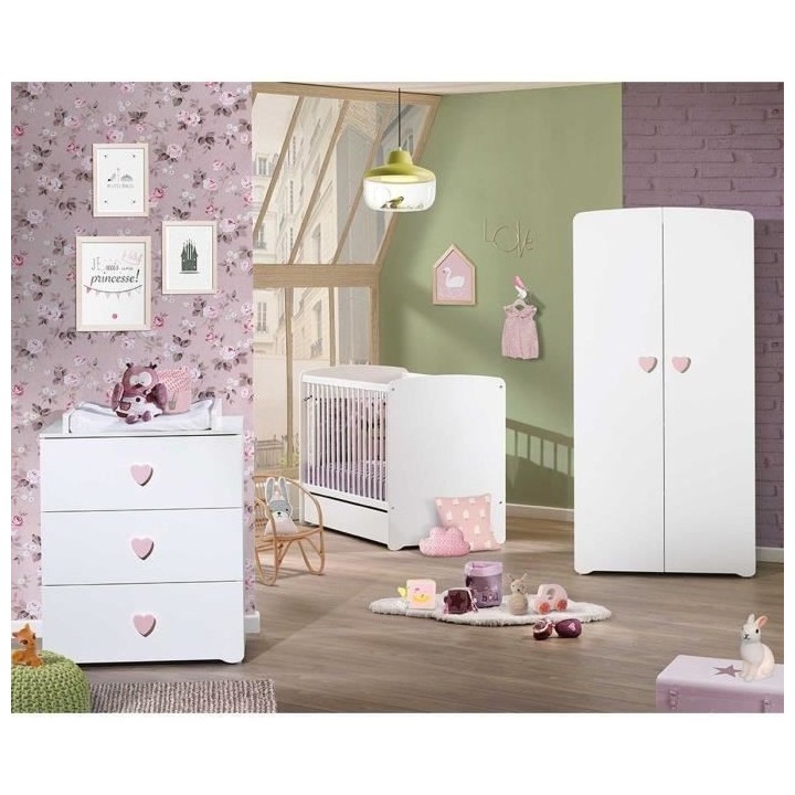 Chambre bébé trio Basic coeur: lit 120x60, commode a langer et armoi