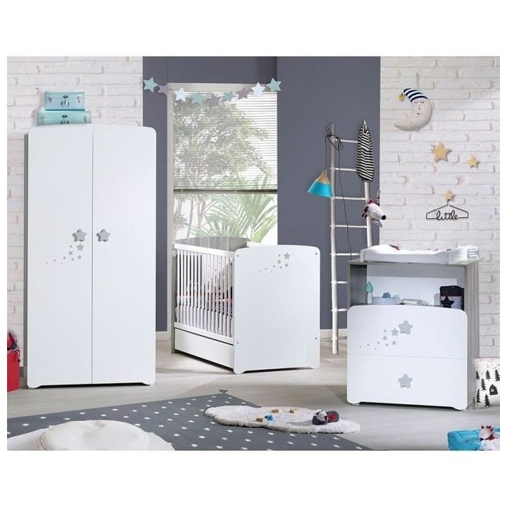 Chambre bébé trio Nao: lit 120x60, commode a langer et armoire - Bab