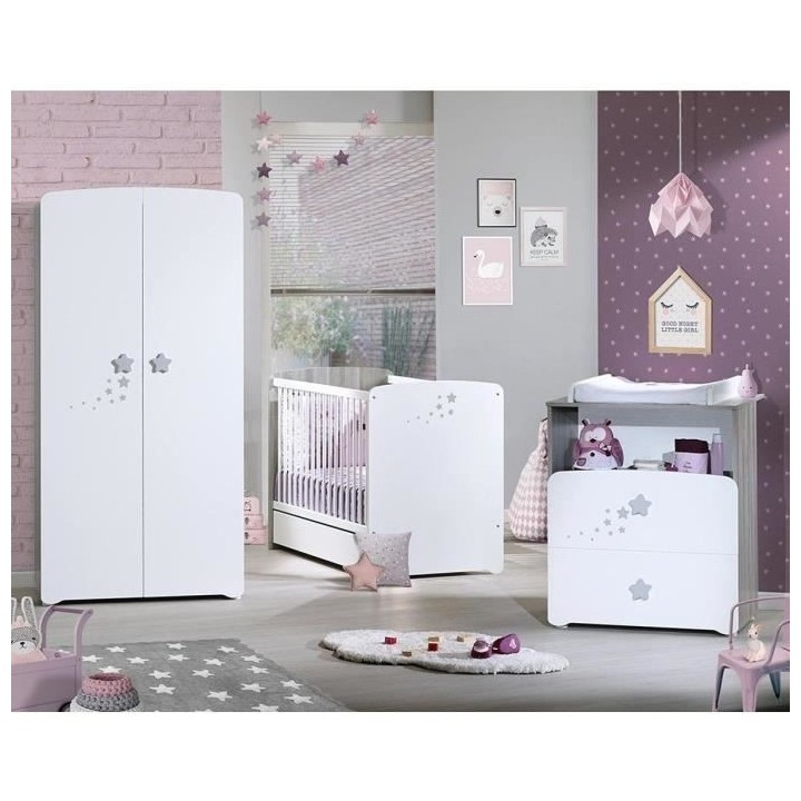 Chambre bébé trio Nao: lit 120x60, commode a langer et armoire - Bab