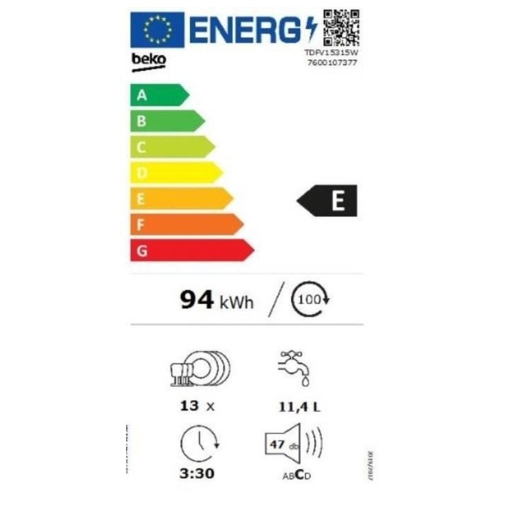Lave-vaisselle pose libre BEKO TDFV15315W - 13 couverts - L60cm - 47 d