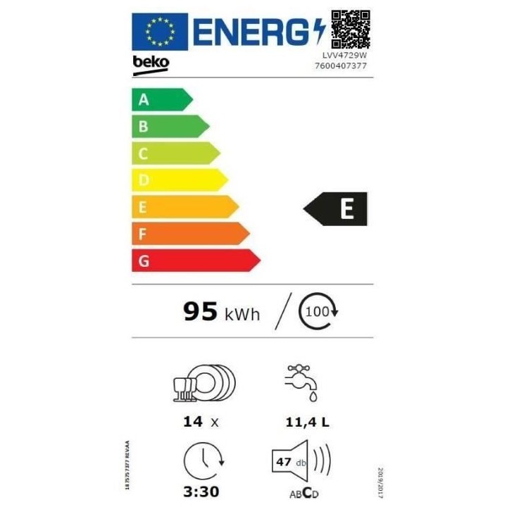 Lave-vaisselle pose libre BEKO LVV4729W - 14 couverts - L60cm - 47 dB