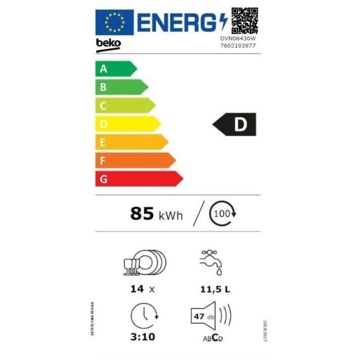 Lave-vaisselle pose libre BEKO DVN06430W - 14 couverts - L60cm - 47dB