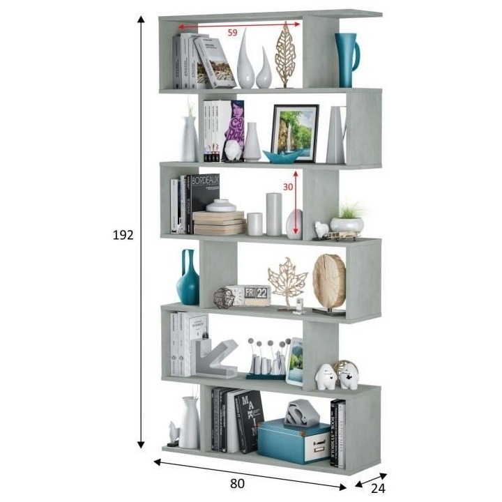 Bibliotheque étagere ATHENA - Gris Béton - 6 niches - 192x80x24 cm