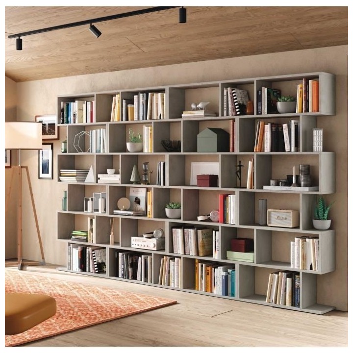 Bibliotheque étagere ATHENA - Gris Béton - 6 niches - 192x80x24 cm