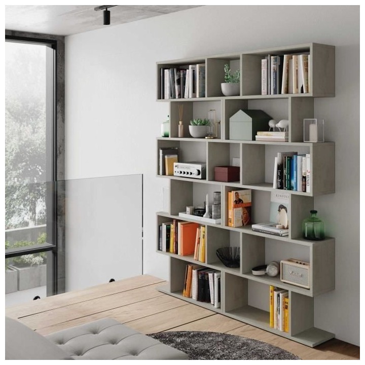 Bibliotheque étagere ATHENA - Gris Béton - 6 niches - 192x80x24 cm