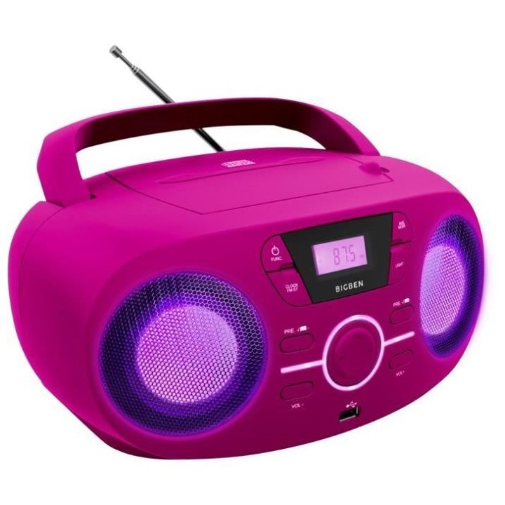 BIGBEN CD61RSUSB Lecteur Radio Cd Portable Usb Rose + Speakers Lumineu