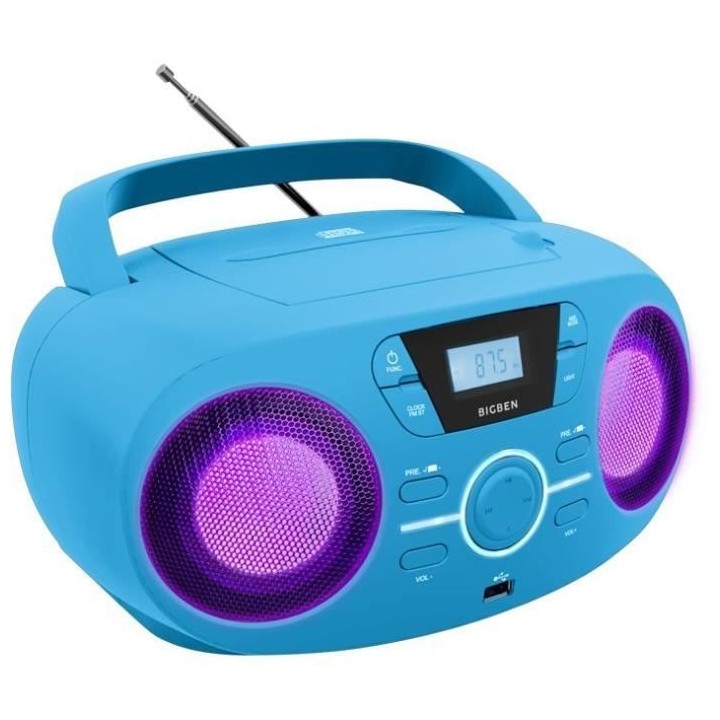 BIGBEN CD61BLUSB Lecteur Radio Cd Portable Usb Bleu + Speakers Lumineu