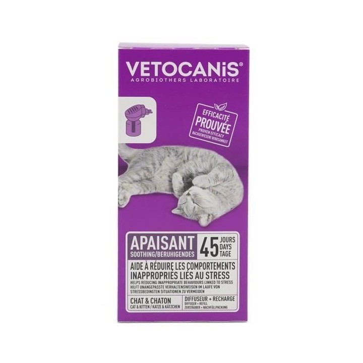 VETOCANIS Diffuseur + Recharge anti-stress pour chat - Efficace 45 jou