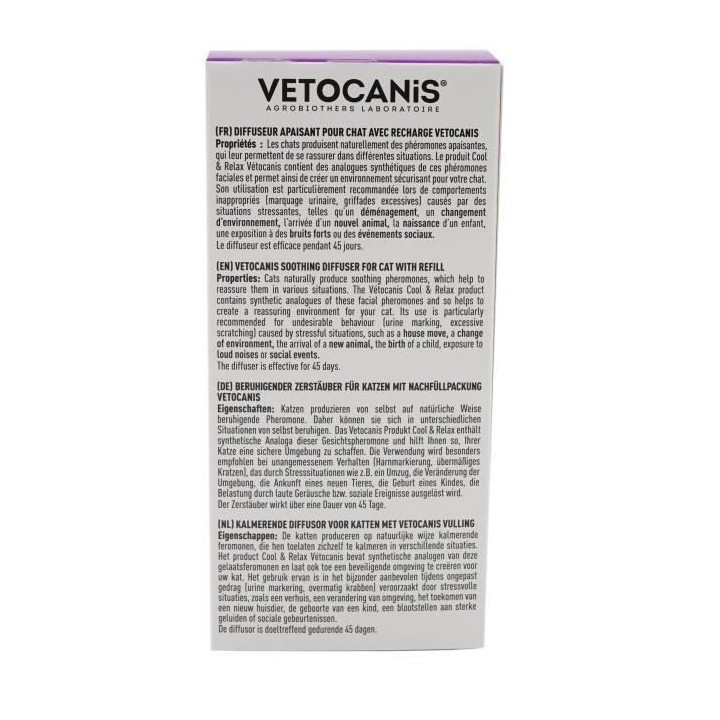 VETOCANIS Diffuseur + Recharge anti-stress pour chat - Efficace 45 jou