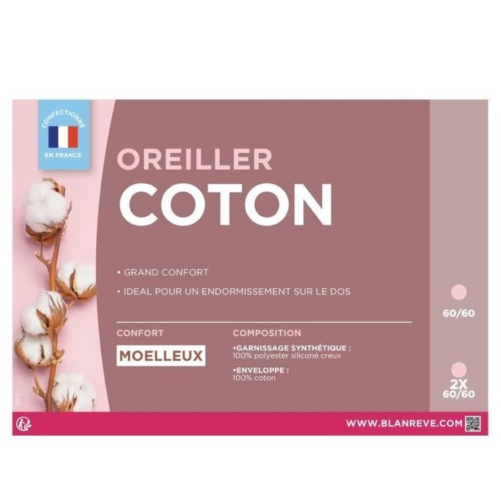 BLANREVE Oreiller en coton - 60 x 60 cm - Blanc