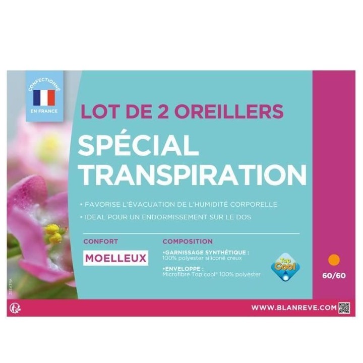 BLANREVE Lot de 2 Oreillers Spécial Transpiration - 60 x 60 cm - Blan