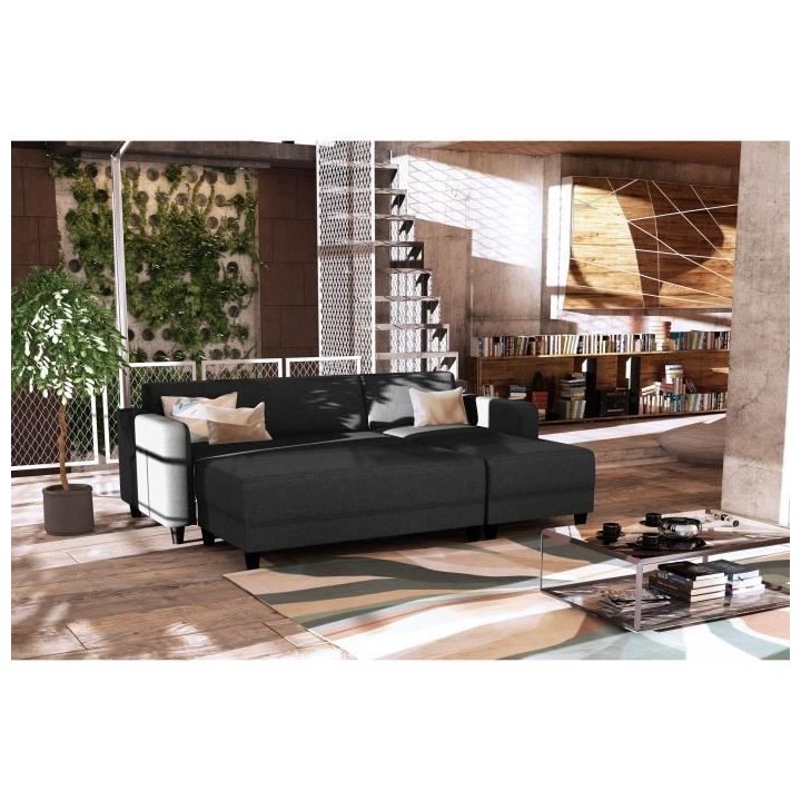 Canapé d'angle fixe 3 places BOB - Tissu Anthracite - Banc - L 197 x