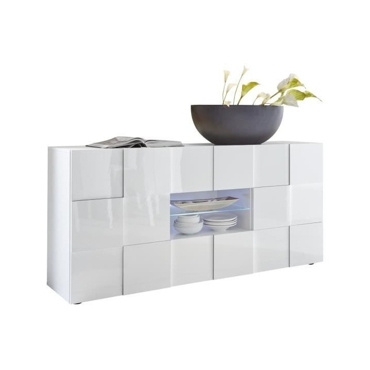 Buffet MILANO - Décor blanc laqué brillant - 2 portes 2 tiroirs - L1