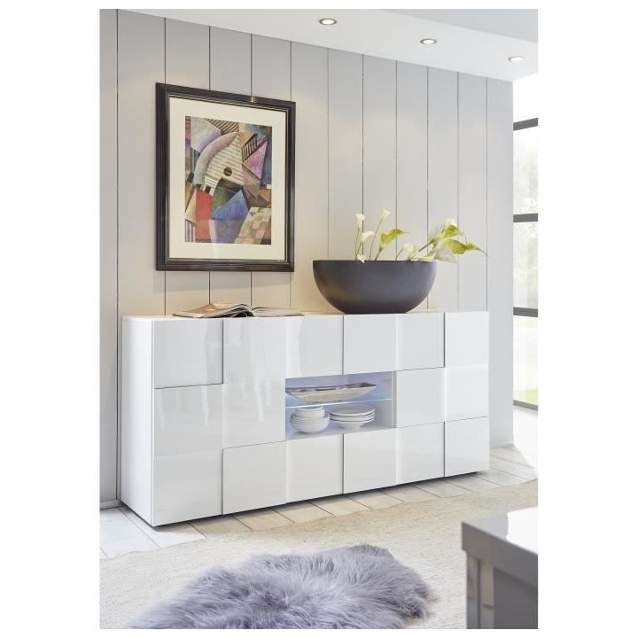 Buffet MILANO - Décor blanc laqué brillant - 2 portes 2 tiroirs - L1